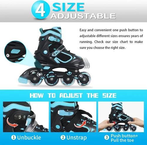 Miniatura 4 de MammyGol Adjustable Inline Skates for Kids Boys Girls Youth Blades Roller Skates with Light up Wheels Ages 4-16 Verde azulado