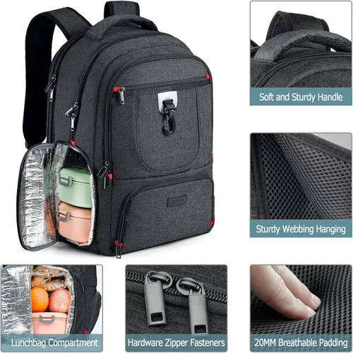 Miniatura 4 de Mochila de almuerzo, bolsa de almuerzo aislada, mochila grande de viaje de 17.3 pulgadas, mochila resistente para computadora, universidad, escuela
