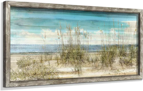 Miniatura 14 de Pintura enmarcada de playa para decoración de pared: arte abstracto de la pared del océano, pintura al óleo costera, gaviotas, imagen impresa