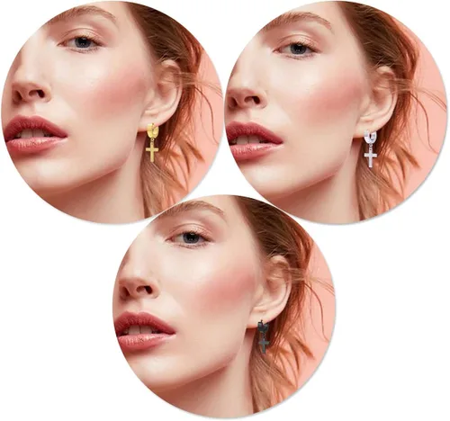Miniatura 5 de TXPFF - 3 pares de aretes con cruz colgante para hombre y mujer de acero inoxidable arracadas para hombre y mujer plata oro negro