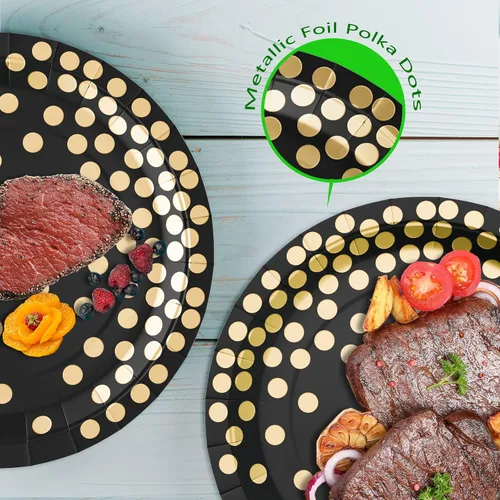 Miniatura 5 de DYLIVeS Plato de papel, paquete de 80 lunares negros y dorados, platos desechables de 7 pulgadas, redondo, casual, para todas las estaciones