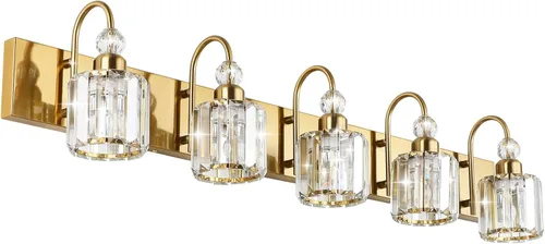 Miniatura 15 de Ralbay - Luces LED modernas de tocador para baño de 5 luces, luces de tocador de cristal sobre espejo, lámparas modernas de tocador para baño