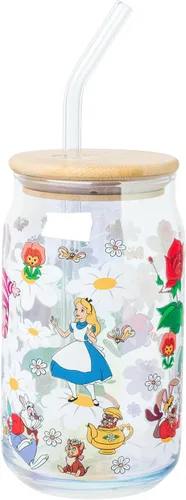 Miniatura 19 de Silver Buffalo Disney Alice in Wonderland Tarro de vidrio con tapa de bambú y pajita de vidrio, 16 onzas