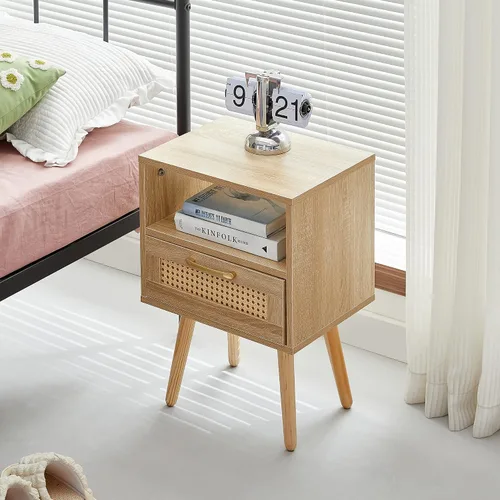 Miniatura 4 de Mesita de noche, mesa auxiliar con cajón decorativo de ratán y patas de madera maciza, mesa decorativa de madera con almacenamiento para dormitorio