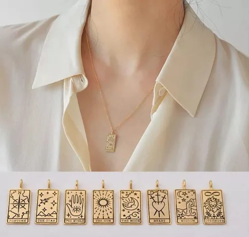 Miniatura 5 de Collar con colgante de tarjeta de tarot, amuleto de astrología, tarot, sol, luna, estrella, Fátima, ojo de mano, brújula, corazón, león, clavícula