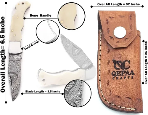 Miniatura 2 de Cuchillo de bolsillo de Damasco hecho a mano de 6.5 pulgadas para hombres, cuchillo de caza con funda para exteriores, camping, pesca, senderismo
