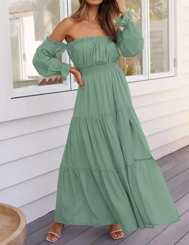 Miniatura 90 de ZESICA - Vestido largo, bohemio y sexy, con hombros descubiertos y manga larga fruncida, con elástico fruncido, cintura alta y abertura lateral