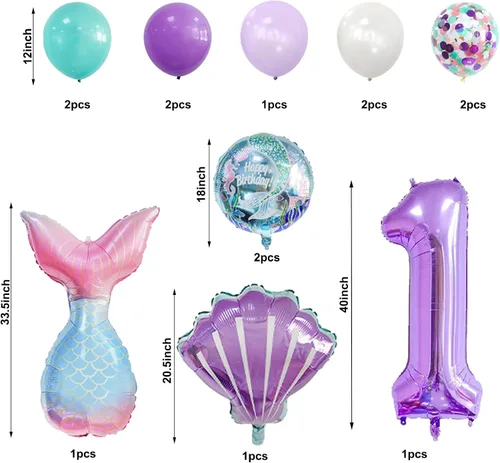 Miniatura 5 de Decoraciones de cumpleaños de sirena número 1: 13 globos de cola de sirena