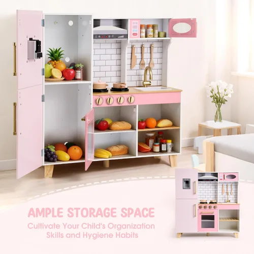 Miniatura 3 de Cocina de juego de madera para niños a partir de 3 años, cocina de juguete de simulación con luces y sonidos reales, estufa, fregadero, microondas