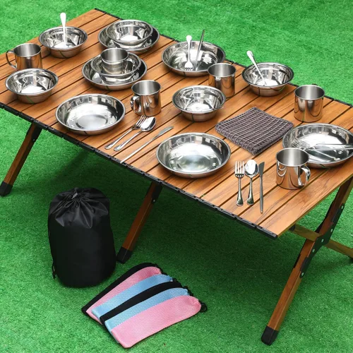 Miniatura 6 de Lallisa Utensilios de cocina para acampar al aire libre, utensilios de cocina de acero inoxidable pulido, utensilios de camping, vajilla portátil