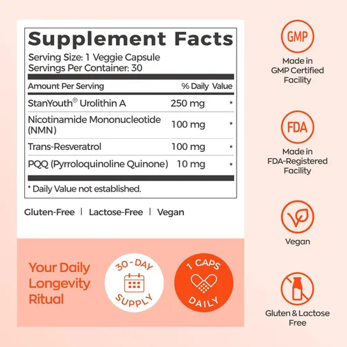Miniatura 7 de Gynable Urolitina A NAD+ Complejo con Trans-Resveratrol y PQQ – Energía celular y fuerza muscular, suplemento de longevidad para dormir