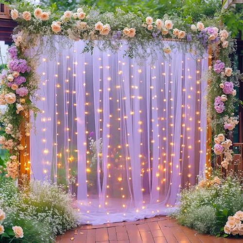 Miniatura 31 de Cortina de telón de fondo de tul negro de 10 x 10 pies con cadena de luces para fiestas, cortinas de fondo de fotos transparentes para bodas