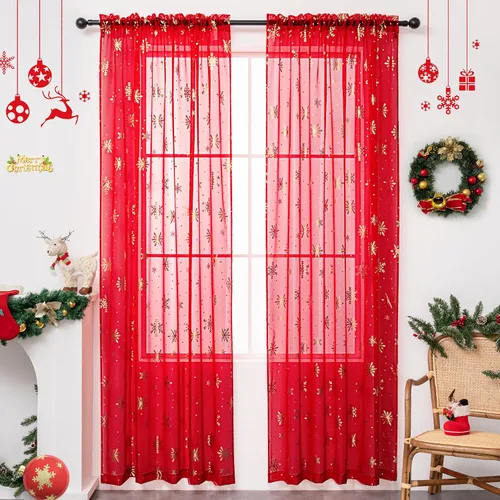 Miniatura 17 de Cortinas traslúcidas de Navidad para sala de estar, cortinas transparentes con estampado de copos de nieve de lujo, cortinas con bolsillo