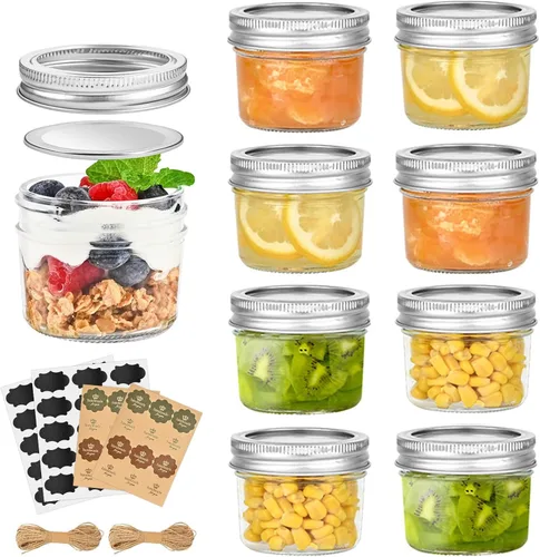TUZAZO 4 onzas Mini tarros Mason con tapas 8 unidades, 4 onzas pequeños tarros de vidrio de masón para mermelada, gelatina, yogur, postres,