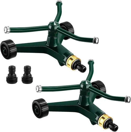 Miniatura 8 de 1 aspersor giratorio de metal para césped, 3 brazos, resistente y giratorio de 360 grados, con base de ruedas, para césped, patio, jardín, patio