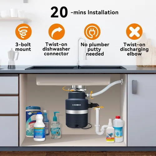 Miniatura 6 de Triturador de basura de 3/4 HP, alimentación continua de eliminación de residuos de alimentos, triturador de basura de cocina con conexión y enchufe