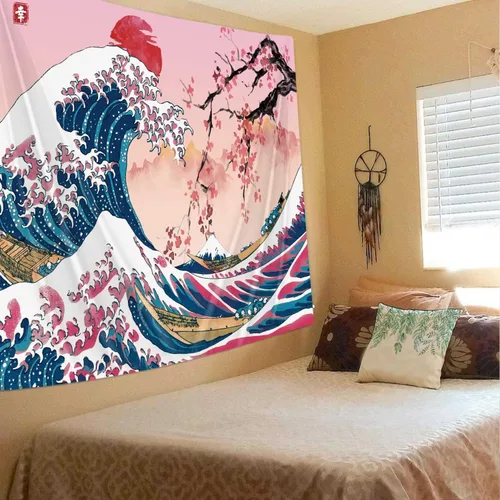 Miniatura 2 de MERCHR Tapiz de pared de flor de cerezo con sol rosa y rojo, olas del océano y escena de montaña, diseño de anime asiático para dormitorio, 60 x 40