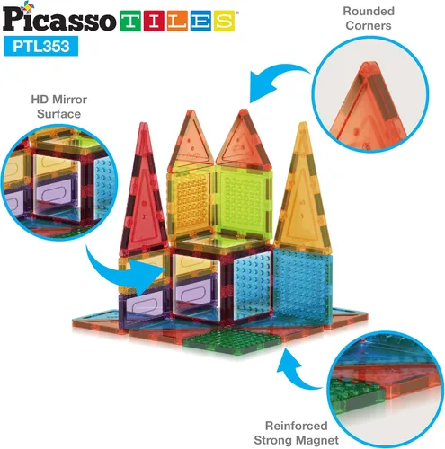 Miniatura 6 de PicassoTiles Juego combinado de 16 piezas + 353 piezas de azulejos magnéticos y ladrillos, figuras de acción, juguetes de aprendizaje STEM, a partir