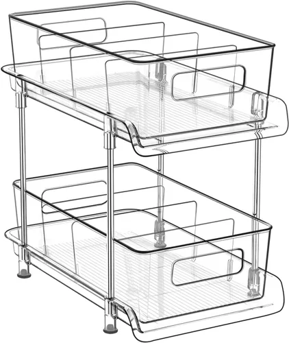 HIHEGD Organizador de Almacenamiento de Baño de 2 Niveles con Separadores, Transparente, Extraíble Debajo del Fregadero para Cocina, Despensa,