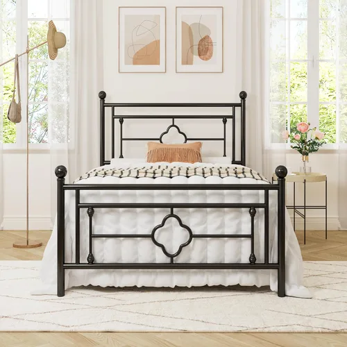Allewie Estructura de Cama de Plataforma de Metal Tamaño Individual con Cabecero y Pie de Cama Vintage Victoriano/Base de Colchón/Almacenamiento