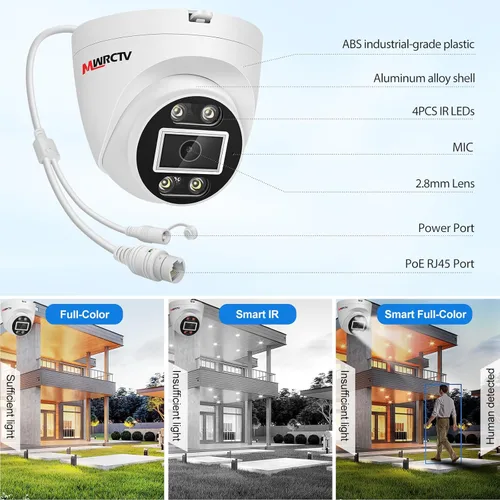 Miniatura 4 de MWRCTV Sistema de cámara de seguridad PoE 4K, cámaras PoE domo con cable de 16 x 8MP para seguridad del hogar, lente gran angular de 0.110 in, luz