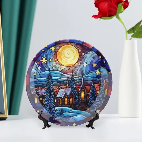 Miniatura 6 de Winter Village - Platos decorativos de noche de luna para decoración del hogar, platos de cerámica con diseño de vitrales para sala de estar, Noche