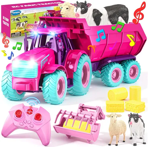Miniatura 8 de Funwee Juego de Juguete de Tractor RC con Luz y Sonido, Coche de Granja para Niños con Remolque de Animales, Ruedas, Camión a Control Remoto, Azul