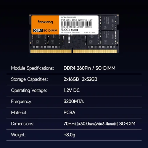 Miniatura 5 de fanxiang SODIMM DDR4 RAM 32 GB (2 x 16 GB) 3200 Mhz, memoria Intel AMD para laptop CL22 1.2V de doble canal, ideal para juegos y productividad
