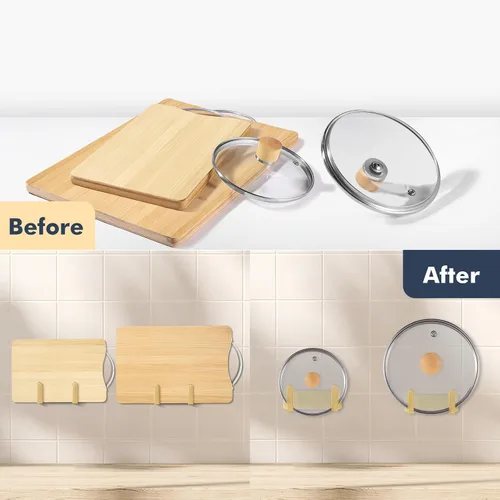 Miniatura 7 de Estante para tapa de olla, soporte organizador de tapa de sartén de acero inoxidable 304 montado en la pared, autoadhesivo, herramienta de Dorado