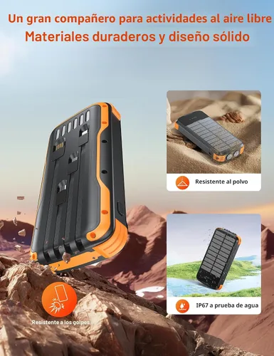 Miniatura 8 de Cargador Solar Banco de Energía, Batería Externa de Carga Rápida PD 20W, 40000mAh Cargador Portátil para Teléfono con 4 Cables Integrados y Luces