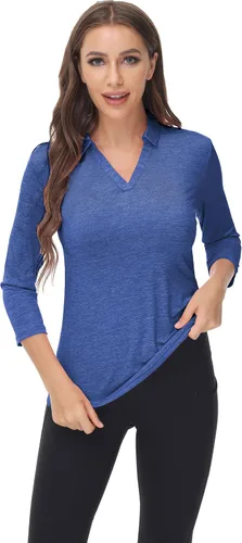 Miniatura 2 de TrendiMax Paquete de 2 camisetas polo de golf de manga 34 para mujer, cuello en V, absorbe la humedad, camisetas deportivas para entrenamiento