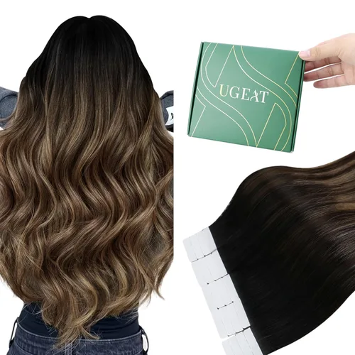 Miniatura 21 de Ugeat - Extensiones de cabello humano con cinta adhesiva, color marrón, extensiones de cabello humano, color marrón oscuro a rubio caramelo, Cinta