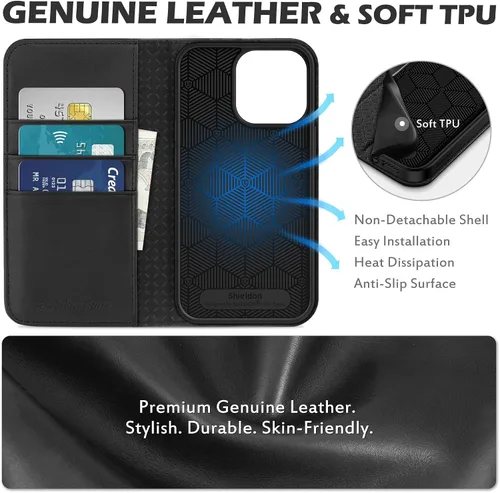 Miniatura 8 de SHIELDON Funda para iPhone 13 Pro 5G, funda de piel auténtica tipo cartera con bloqueo RFID, tarjetero de crédito, soporte magnético a prueba