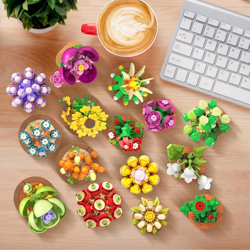 Miniatura 4 de CUBIMANA Paquete de 15 mini construcción de flores y plantas, colección botánica de flores, juguete de bloque de 0.142 in para decoración de oficina