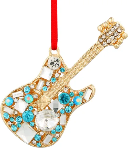 Miniatura 10 de D4DREAM Adorno de Navidad de guitarra, adornos colgantes de guitarra de metal para decoración de árbol de Navidad, guitarras eléctricas azules