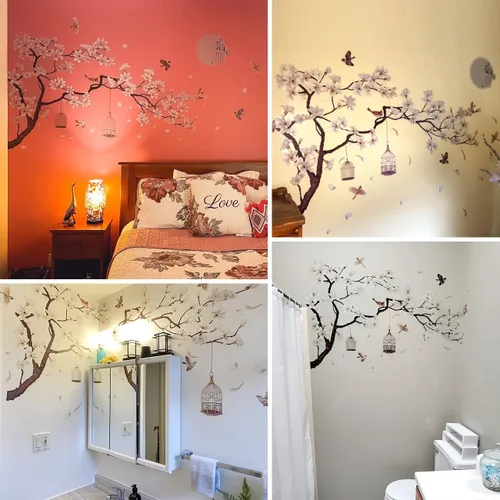 Miniatura 2 de Calcomanías de pared de estilo chino, árbol negro y pájaros voladores, removibles, decoración de pared, murales para niños, guardería, oficina