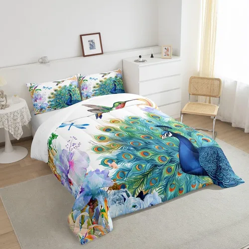 Miniatura 4 de Juego de edredón de plumas de pavo real, colibrí, libélula y libélula, juego de ropa de cama con patrón de flores y pájaros para niñas y mujeres