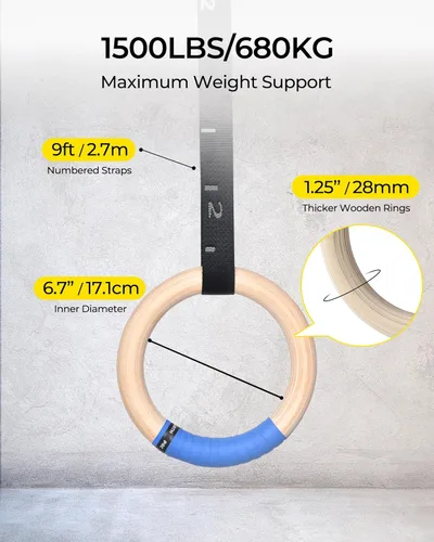 Miniatura 3 de PACEARTH Anillos olímpicos de madera para gimnasia de 1500/1000 libras con hebilla de leva ajustable de 14.76 pies/9 pies de largo, correas