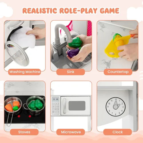 Miniatura 7 de INFANS Juego de Cocina de Esquina para Niños, Set de Cocina de Madera de Juguete para Niños Pequeños con Circulación Real de Agua Corriente, Luz