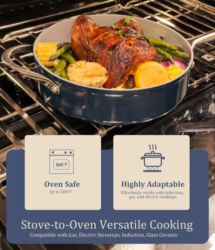 Miniatura 4 de CookinCraze Cacerola de cerámica antiadherente de 3.5QT con tapa, olla de sopa de 8 pulgadas, distribución uniforme del calor, olla de cocina Azul