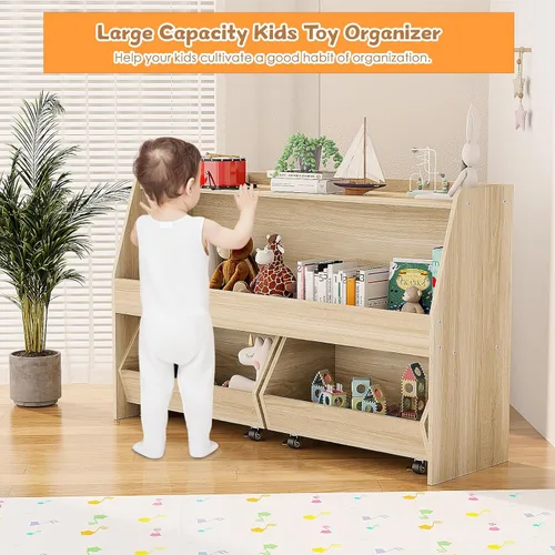 Miniatura 4 de COZPAW Organizador de almacenamiento de juguetes, estante Montessori de 2 niveles con contenedores móviles (madera)