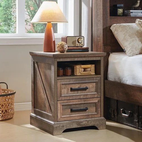 Miniatura 10 de ACCOHOHO Mesita de noche de 18" estilo granja con estación de carga, mesa auxiliar con 2 cajones de almacenamiento, mesa de cabecera, mueble