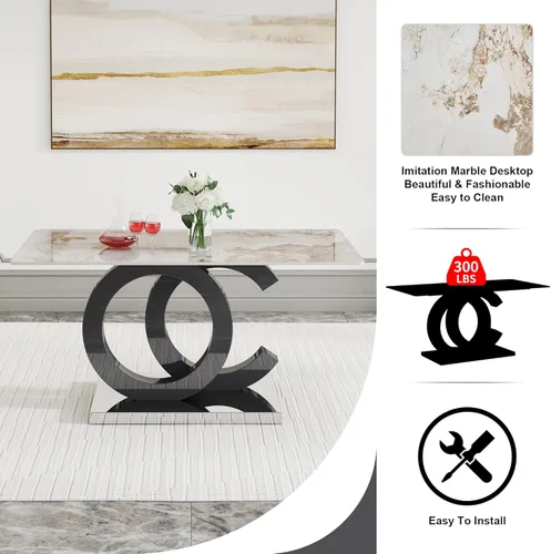 Miniatura 4 de Juego de mesa de comedor MUUOKY para 6, mesa de cocina y sillas para 6, superficie de mesa de piedra sinterizada con 6 sillas de comedor modernas