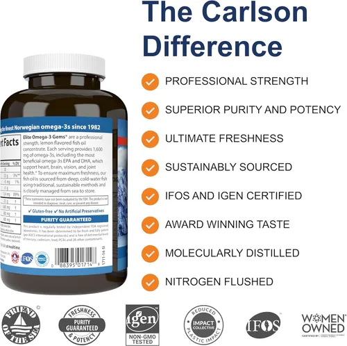 Miniatura 2 de Carlson Labs Elite Omega-3, 800 mg, gemas, 2 unidades, aceite de pescado suave, geles, Sabor Natural de limón (120 unidades cada uno)