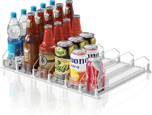 Miniatura 21 de Organizador de Bebidas para Refrigerador, 12oz 16oz 20oz - Dispensador de Latas de Refresco para Refrigerador, Ancho Ajustable, Deslizador Negro