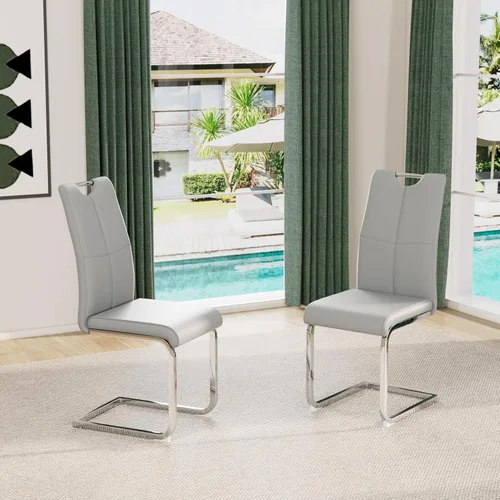 Miniatura 13 de Juego de sillas de comedor modernas (2 unidades) de piel sintética PU con respaldo alto tapizadas con patas doradas de metal para cocina y comedor
