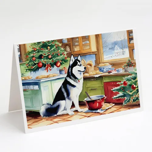 Caroline's Treasures DAC3884GCA7P Paquete de 8 tarjetas en blanco de Navidad con galletas de husky siberiano Tarjetas de felicitación con sobres