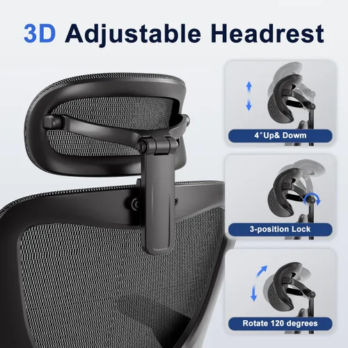 Miniatura 11 de marrap Silla de oficina ergonómica, cojín de asiento de malla con reposabrazos 3D y reposacabezas 3D, soporte lumbar ajustable con función de Negro