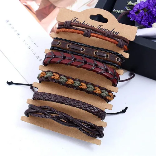 Miniatura 6 de Juego de joyas de oro rosa, pulsera de cuero, joyería tejida a mano, pulseras trenzadas de múltiples capas (negro, talla única)