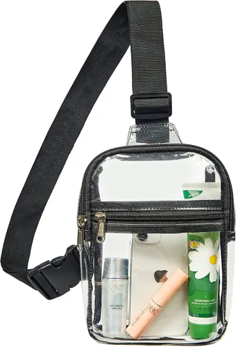Miniatura 8 de Riñonera pequeña transparente, bolsa transparente resistente, bonita mochila cruzada en el pecho para mujeres y niñas, Negro, S, Bolso de pecho
